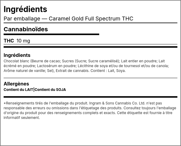 Liste d'ingrédients — Caramel Gold Spectre Complet THC