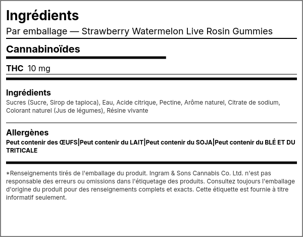 Liste d'ingrédients — Gommes Live Rosin Fraise Pastèque