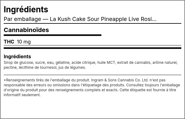 Liste d'ingrédients — La Kush Cake Sour Pineapple Live Rosin Gomme
