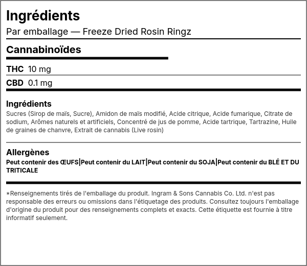 Liste d'ingrédients — Anneaux de Rosin Lyophilisés