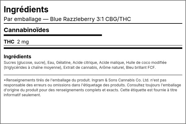 Liste d'ingrédients — Blue Razzleberry 3:1 CBG/THC