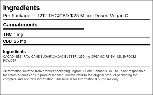 Ingredient list — 1212 THC:CBD 1:25 Micro-Dosed Vegan Chocolate Reishi