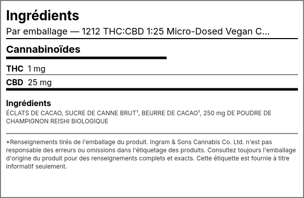 Liste d'ingrédients — 1212 THC:CBD 1:25 Micro-Dosé Chocolat Vegan Reishi