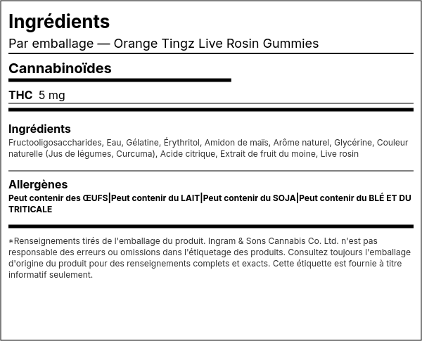 Liste d'ingrédients — Orange Tingz Live Rosin Gommes