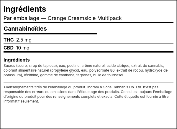 Liste d'ingrédients — Multipaquet Orange Creamsicle
