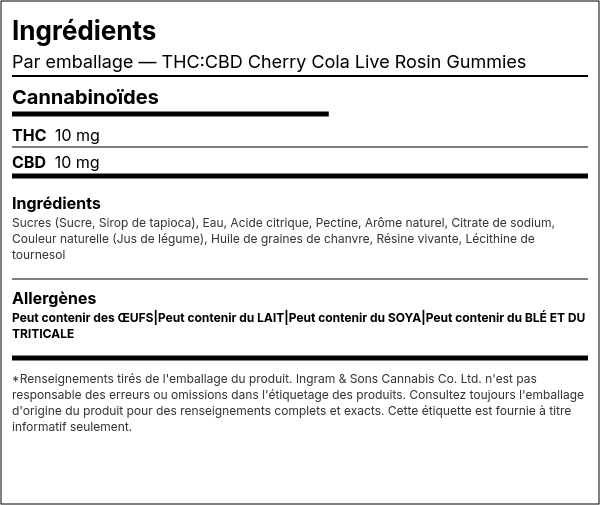 Liste d'ingrédients — THC:CBD Cherry Cola Live Rosin Gommes