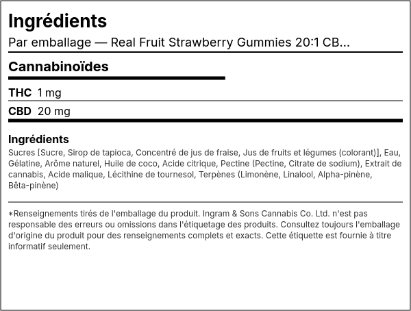 Liste d'ingrédients — Real Fruit Strawberry Gummies 20:1 CBD:THC