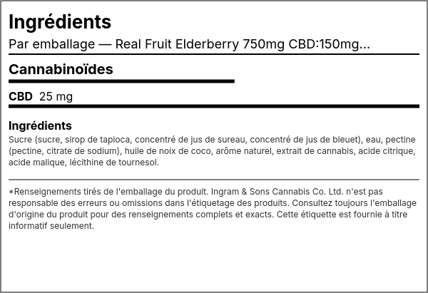Liste d'ingrédients — Real Fruit Elderberry 750mg CBD:150mg CBN