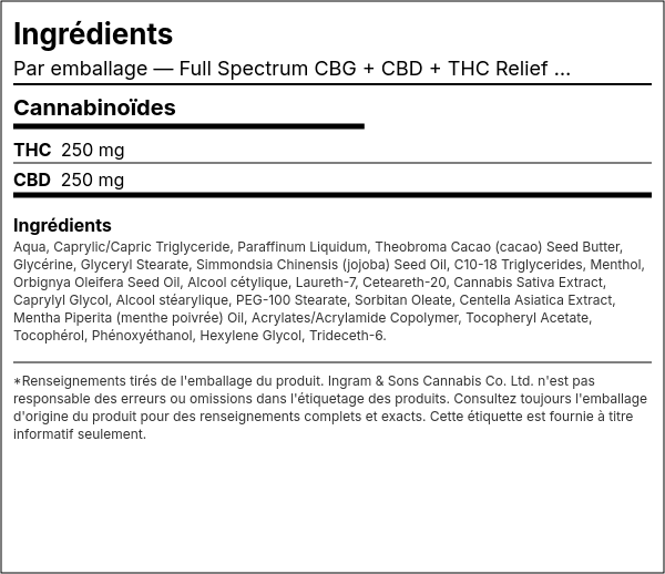 Liste d'ingrédients — Crème de soulagement Full Spectrum CBG + CBD + THC