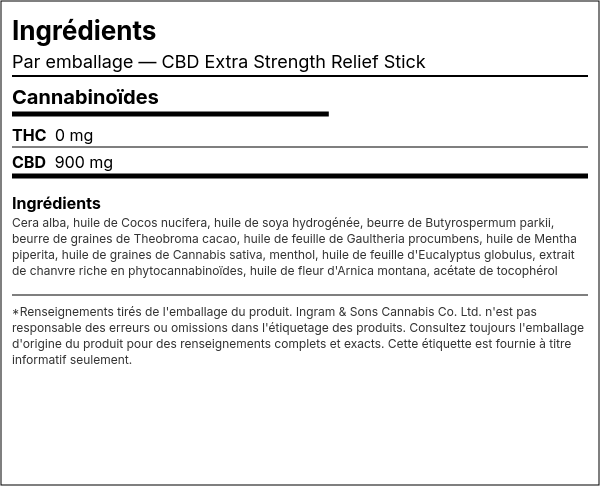 Liste d'ingrédients — CBD Extra Strength Relief Stick