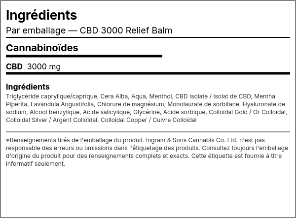 Liste d'ingrédients — Baume Soulageant CBD 3000