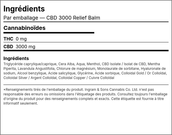 Liste d'ingrédients — Baume Soulageant CBD 3000