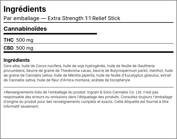 Liste d'ingrédients — Bâton de Soulagement Extra Strength 1:1