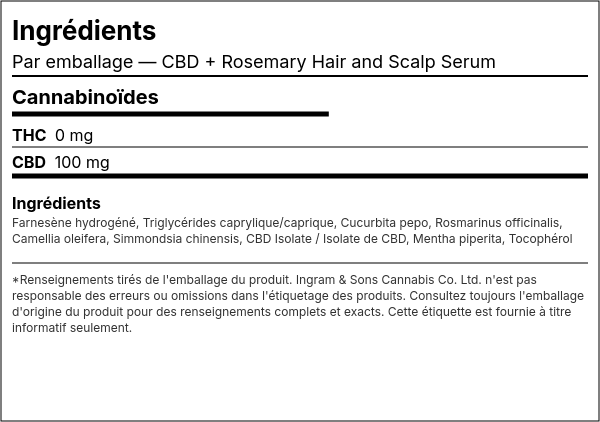 Liste d'ingrédients — CBD + Rosemary Sérum Capillaire et du Cuir Chevelu