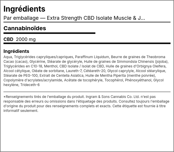 Liste d'ingrédients — Crème pour Muscles & Articulations Extra Strength CBD Isolate