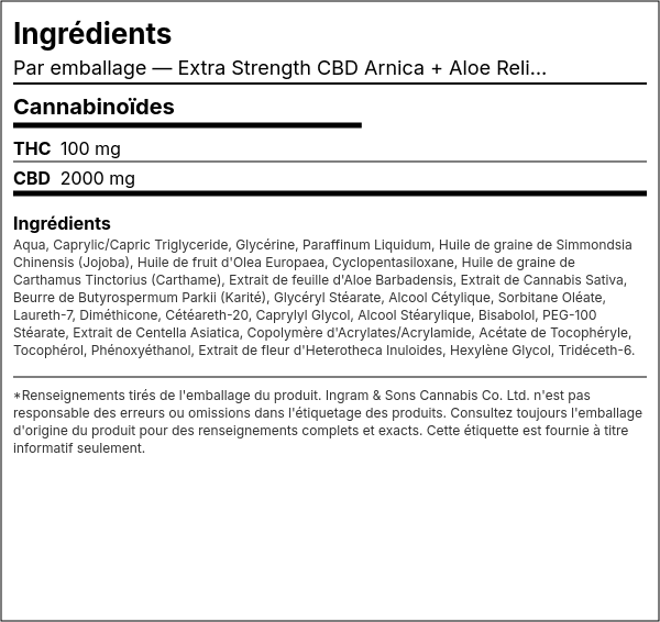 Liste d'ingrédients — Lotion corporelle de soulagement CBD Arnica + Aloe Extra Strength