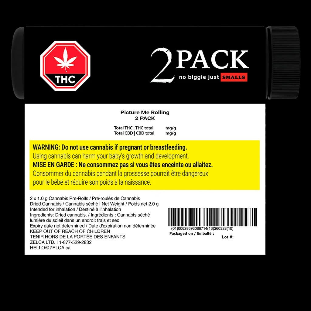Picture Me Rolling 2-pack pre-rolls, 2 x 1.0g dried cannabis pre-rolls in black tube packaging with red THC warning symbol and yellow Health Canada warning label