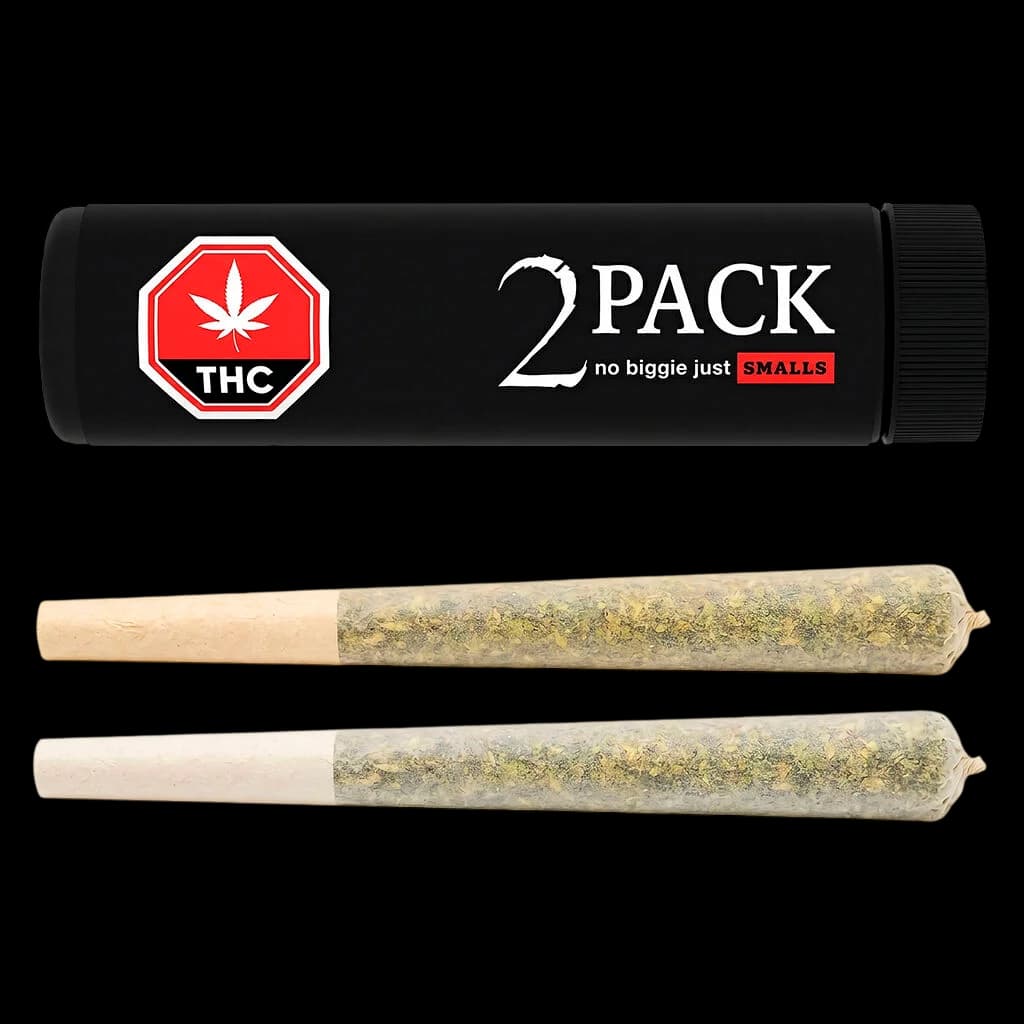 No Biggie Just Smalls 2-pack pre-rolls with black tube packaging featuring red THC warning symbol