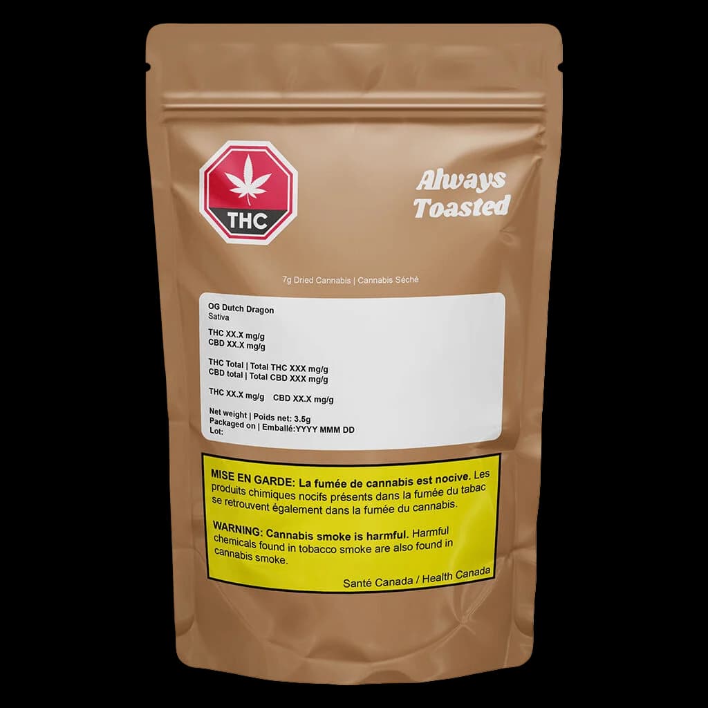 Pochette de 3,5 g de fleurs de cannabis séché Always Toasted OG Dutch Dragon avec symbole THC rouge et étiquette d'avertissement jaune de Santé Canada