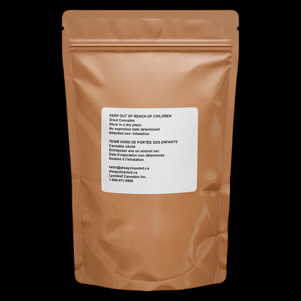 Fleur de cannabis séché Always Toasted OG Dutch Dragon en sachet kraft avec étiquette de sécurité et marque Lyonleaf Cannabis Inc.