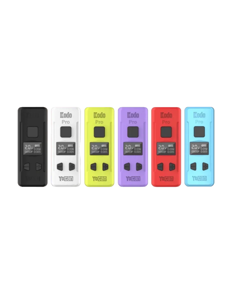 Batterie Yocan Kodo Pro 510 en six couleurs : noir, blanc, jaune néon, violet, rouge et bleu ciel