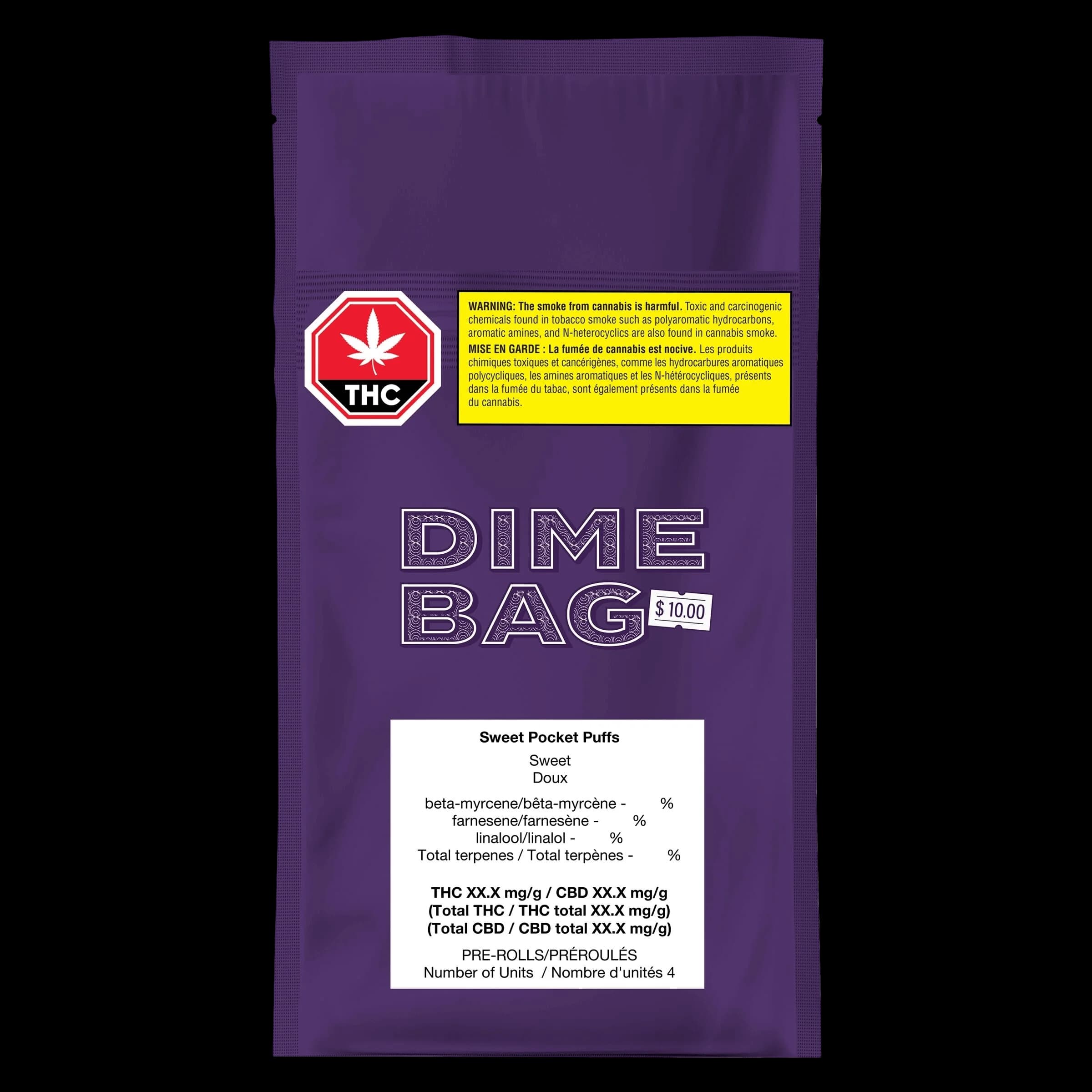 Paquet de pré-roulés Dime Bag Sweet Pocket Puffs avec emballage mauve, étiquette d'avertissement THC et informations sur le produit pour 4 unités