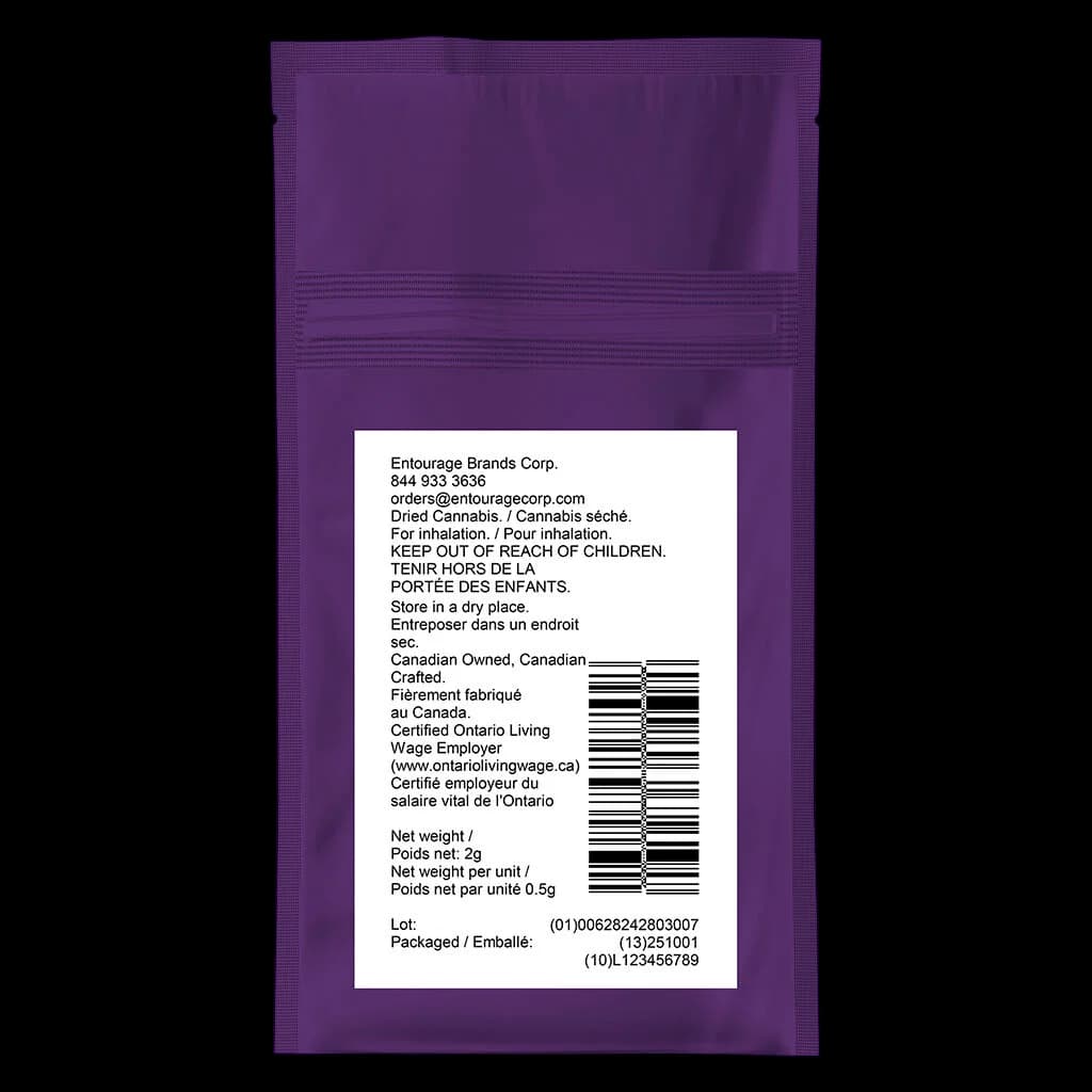 Étiquette d'emballage de cannabis séché d'Entourage Brands Corp., poids net de 2 g, pochette violette avec étiquette réglementaire blanche et code-barres