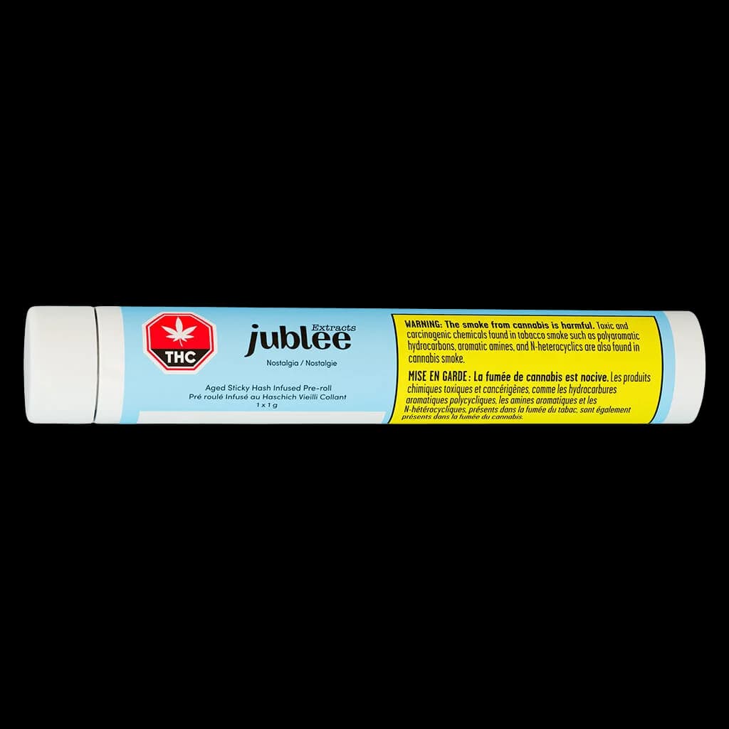 Paquet de 5 x 1 g de pré-roulés infusés au hasch collant vieilli Nostalgia de Jublee Extracts avec étiquette d'avertissement THC