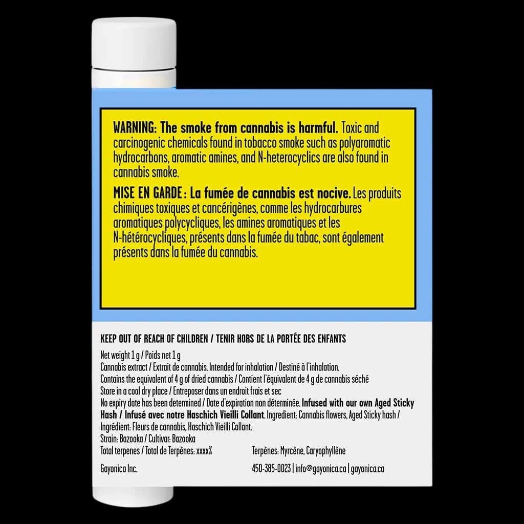 Fiole d'extrait de cannabis de 1 g de Gayonica Inc. avec étiquette d'avertissement jaune de Santé Canada et informations réglementaires bilingues pour le produit de pré-roulé infusé au haschich collant vieilli