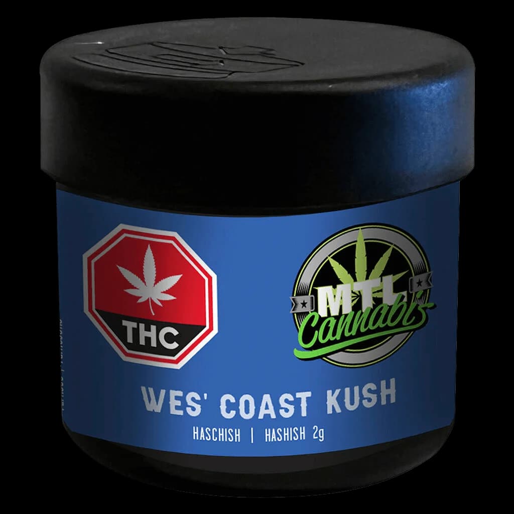 MTL Cannabis Wes' Coast Kush hashish 2g in blue and black jar with THC warning symbol