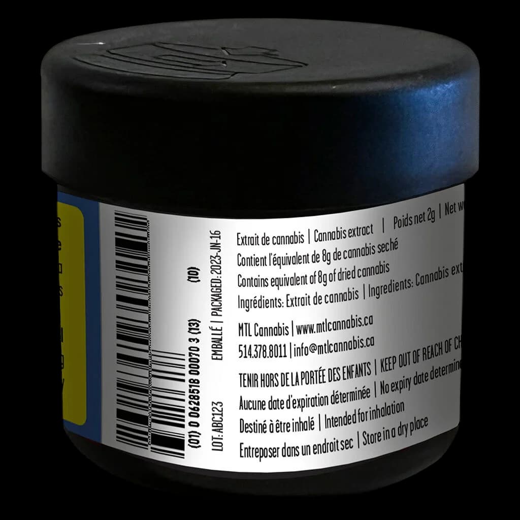MTL Cannabis Wes' Coast Kush Hash 2g cannabis extract in black jar with white label