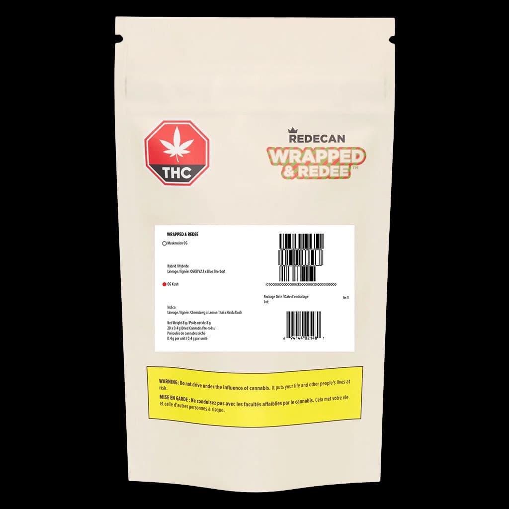 Redecan Wrapped & Redee pre-roll package front with red THC warning symbol and yellow Health Canada warning label