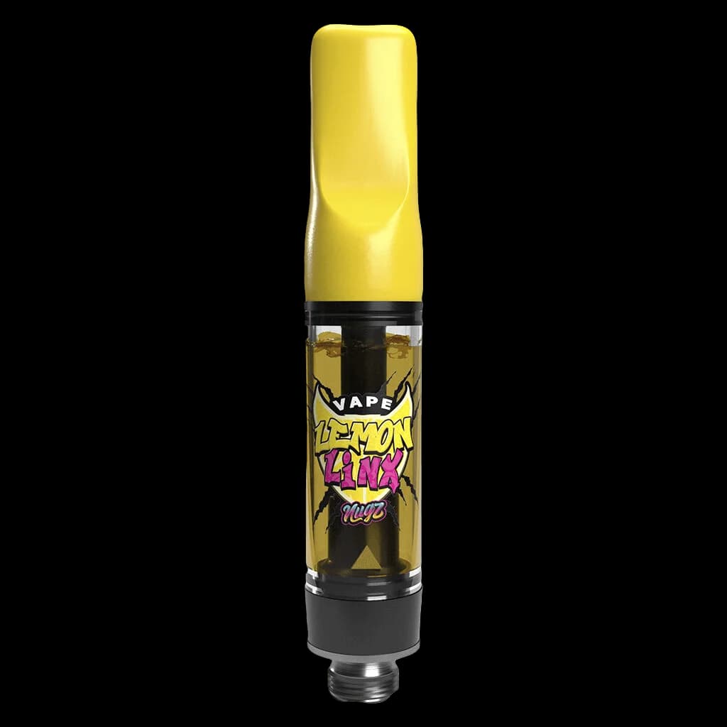 Nugz Vape Lemon Linx cannabis vape cartridge with yellow mouthpiece, 510 thread connector, and filled chamber