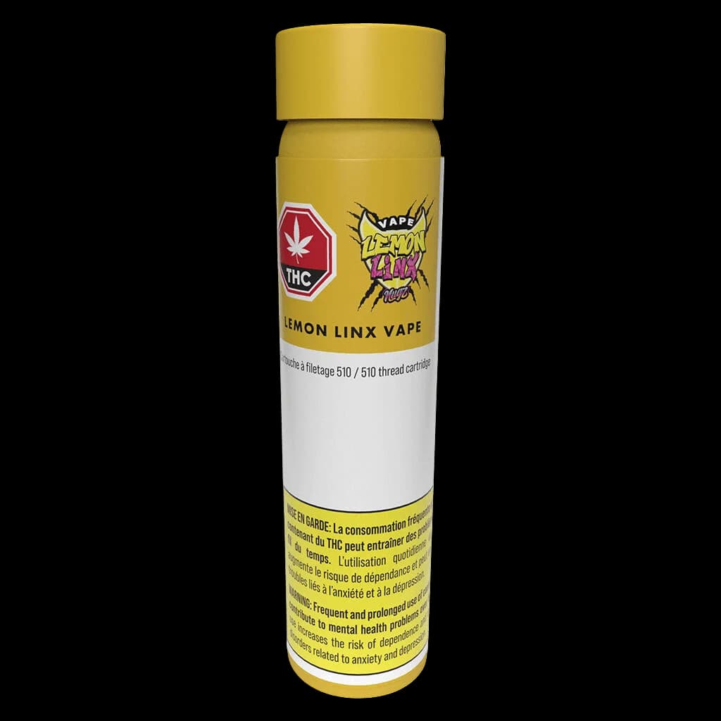 Nugz Vape Lemon Linx cannabis vape cartridge, 510 thread, yellow and white packaging with THC warning label