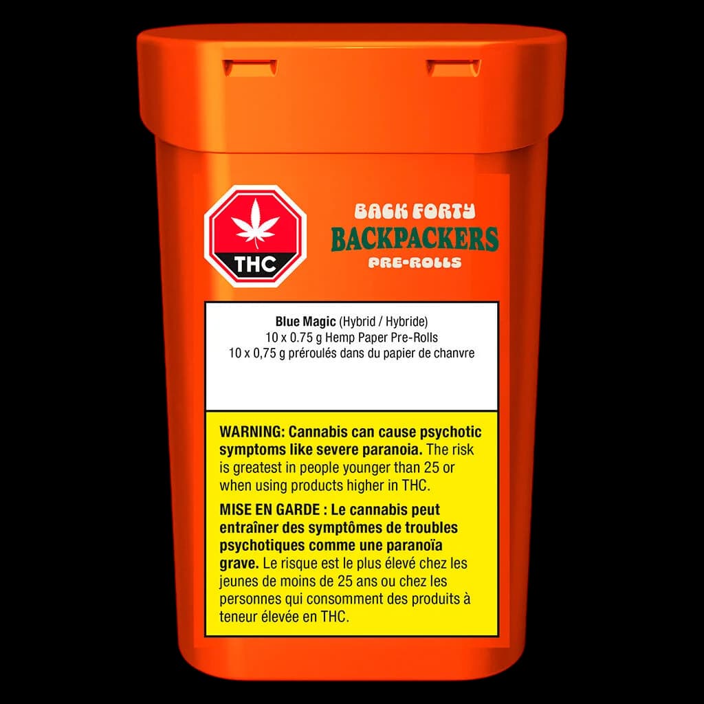 Back Forth Backpackers Blue Magic hybrid pre-rolls, 10 x 0.75g hemp paper pack with orange cylindrical container