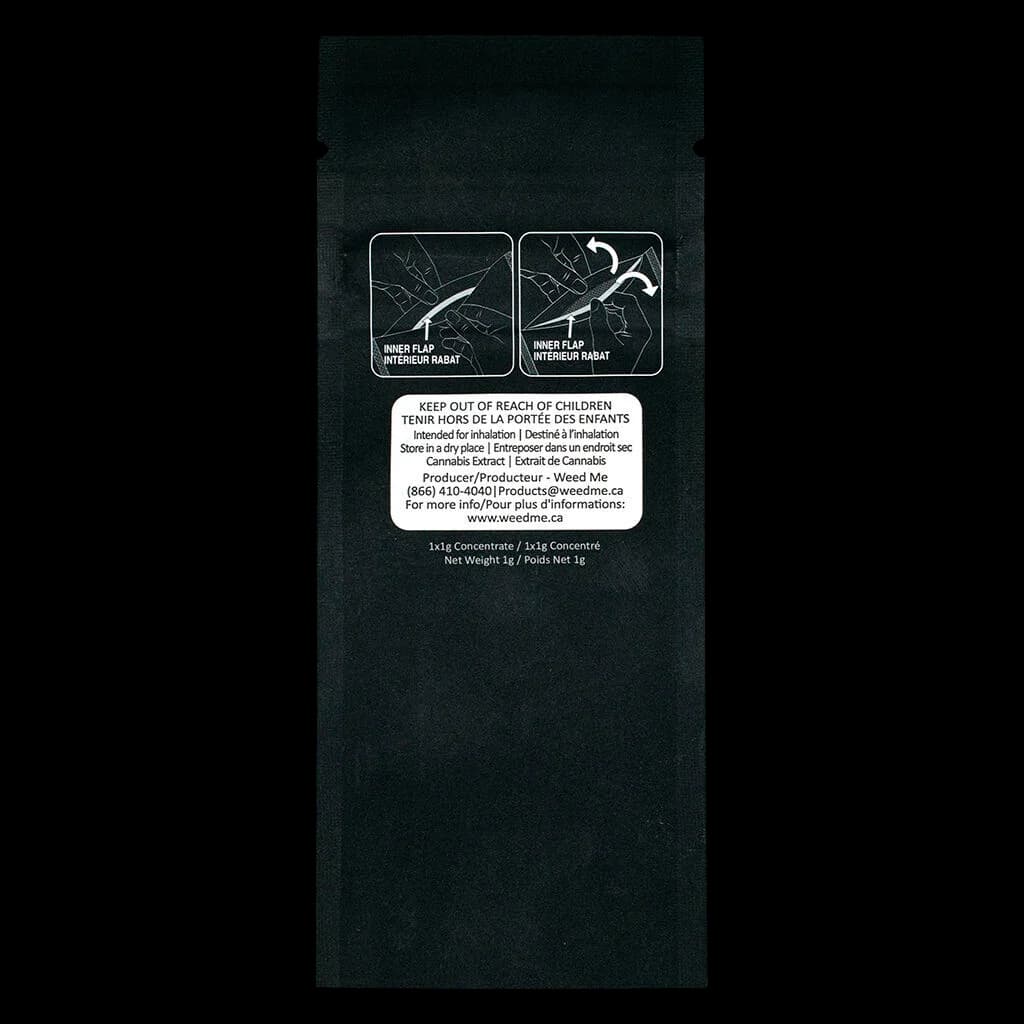 Pochette de concentré de cannabis Weed Me Max Liquid Diamond Guava Passion Fruit de 1 g avec rabat intérieur affichant les instructions et les avertissements de sécurité