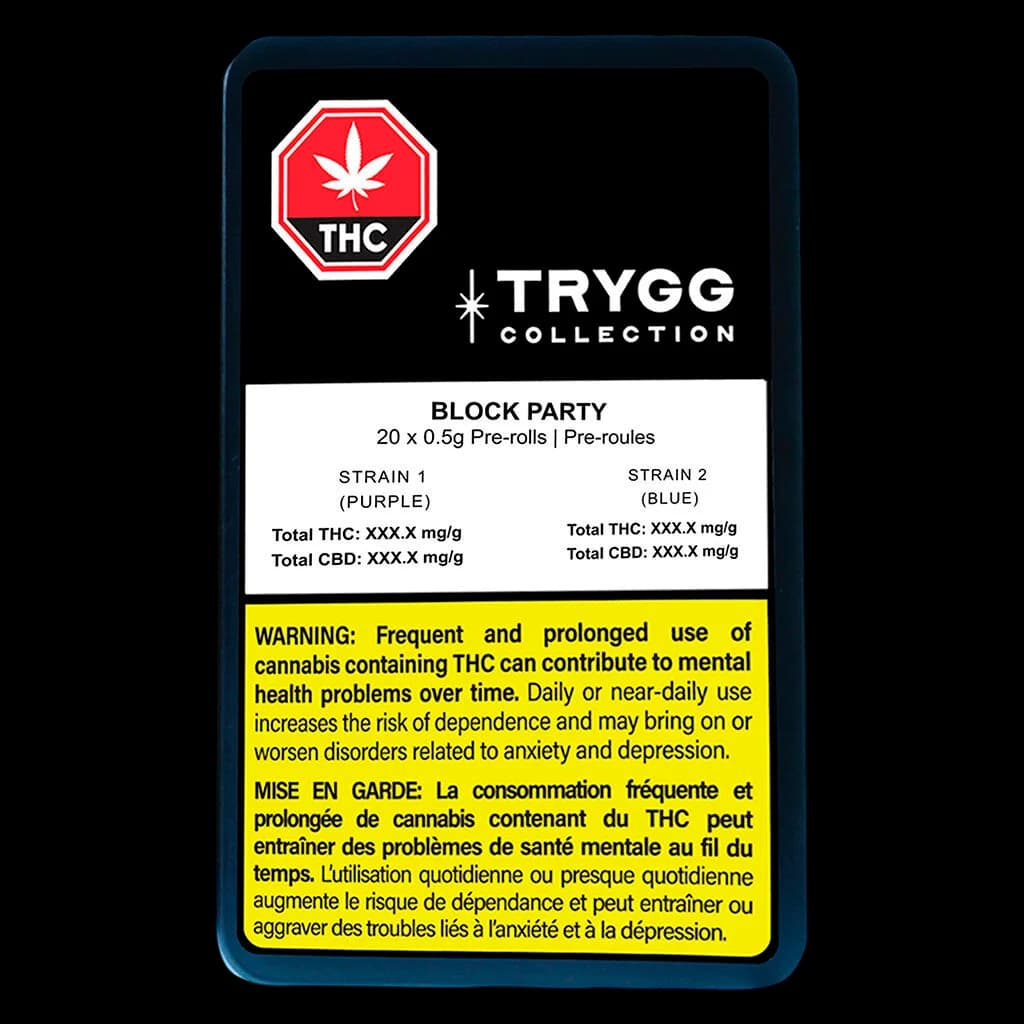 TRYGG Collection Block Party, 20 x 0.5g pre-rolls with two strain varieties in purple and blue