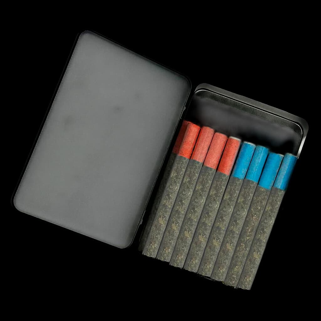 TRYGG Block Party pre-roll pack containing 8 cannabis pre-rolls with red and blue filter tips in black tin case