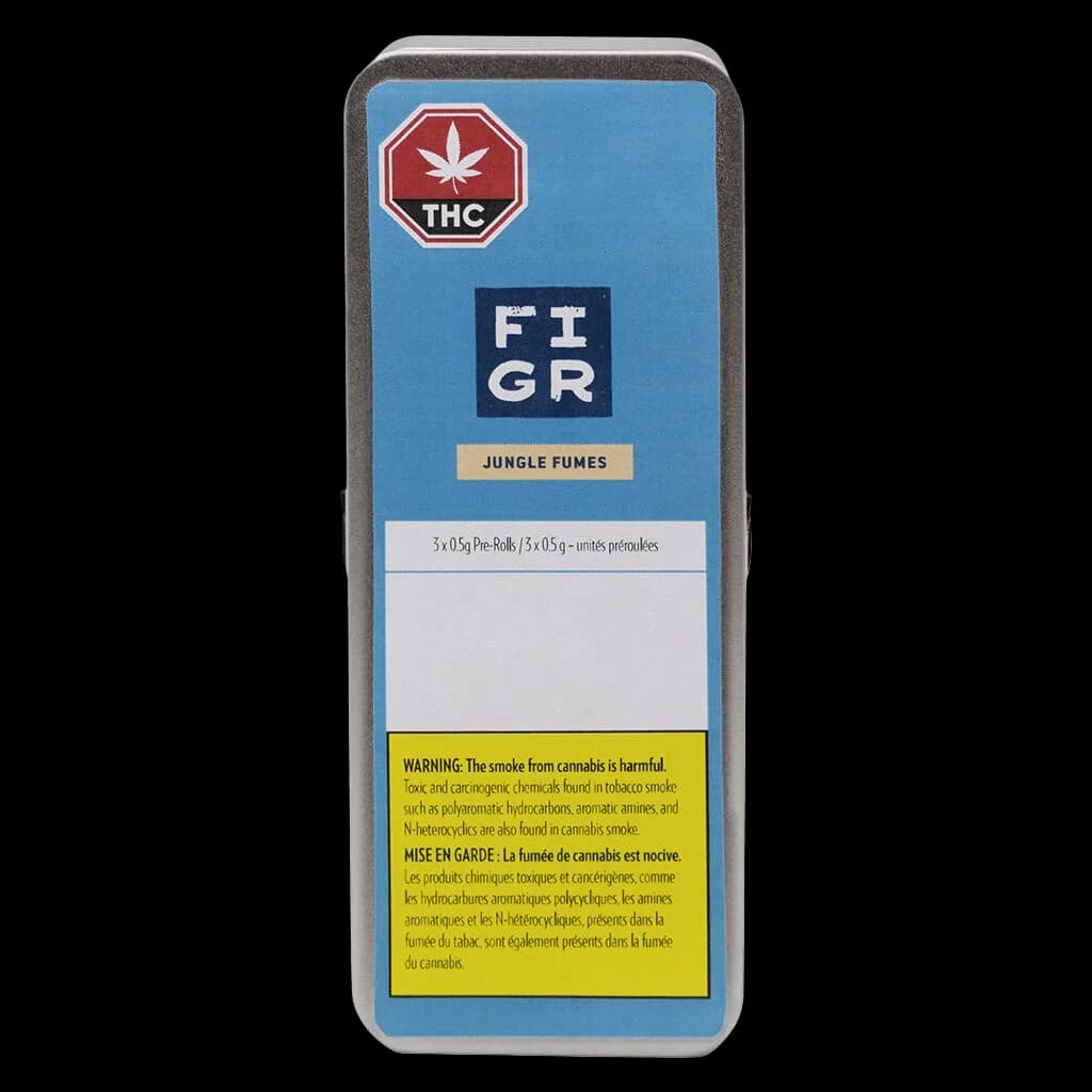 Paquet de pré-roulés FIGR Jungle Fumes, 3x0,5g, avec emballage bleu, symbole d'avertissement THC et étiquette d'avertissement de Santé Canada
