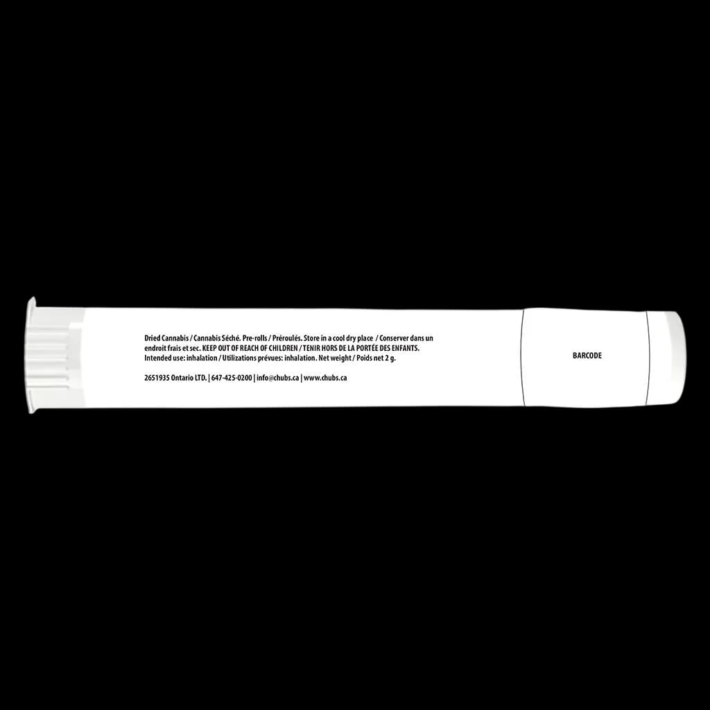 Pré-roulés indica Snack Pack de CHUB'S, poids net de 2 g, verso de l'emballage avec instructions d'utilisation et de conservation bilingues