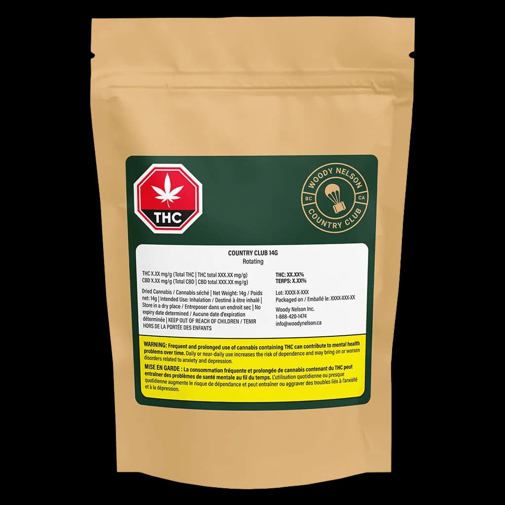 Pochette de 14 g de fleurs de cannabis séché Woody Nelson Country Club avec étiquette verte, symbole d'avertissement THC et mise en garde de Santé Canada