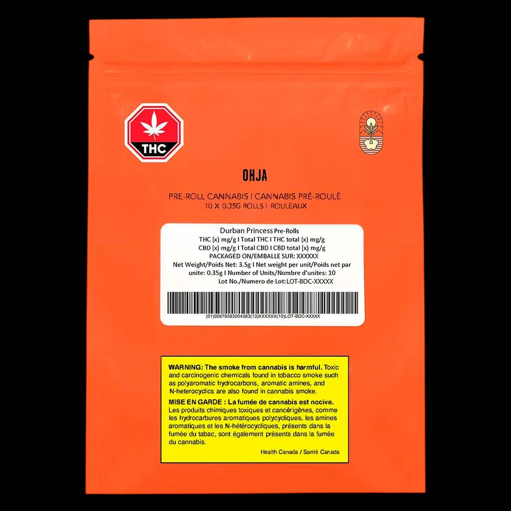 Emballage de 10 pré-roulés Durban Princess d'OHJA, 3,5 g au total, boîte orange avec symbole d'avertissement THC et mise en garde de Santé Canada