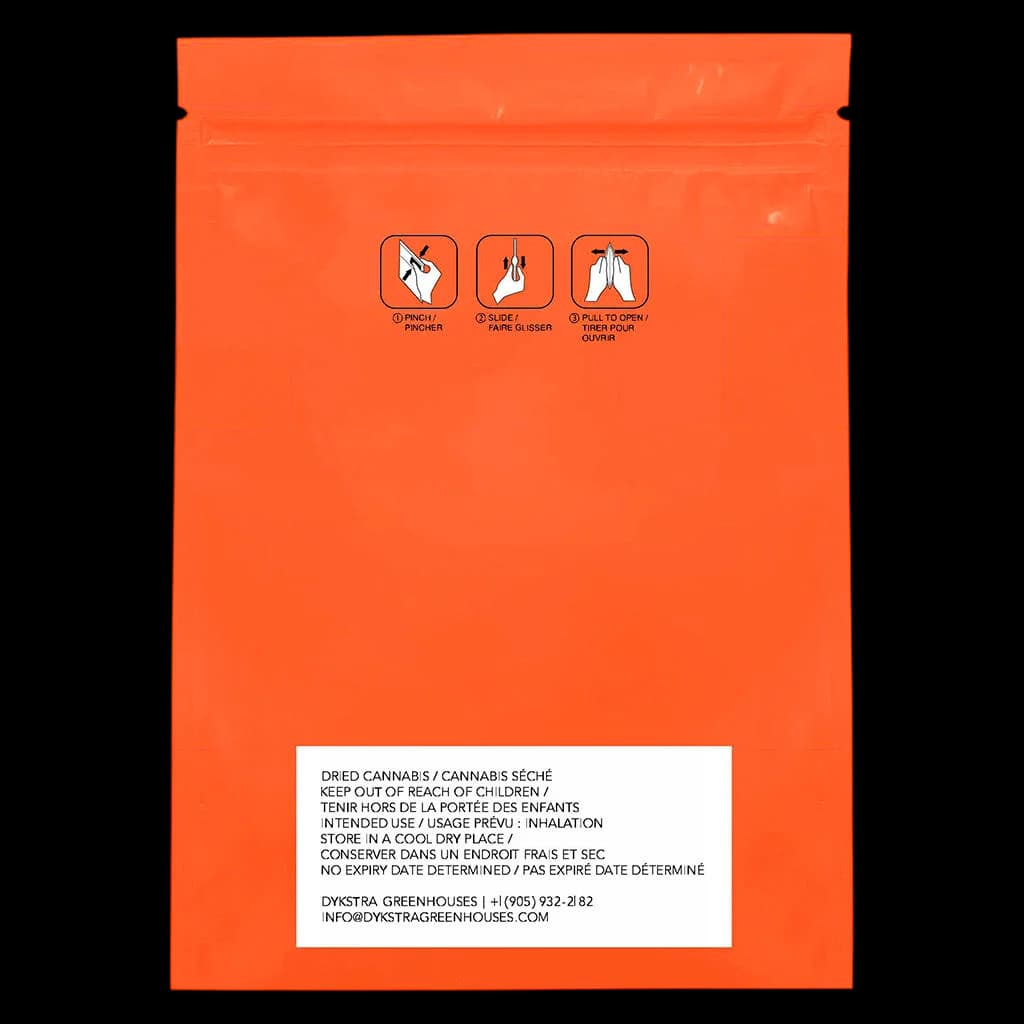 Pochette orange refermable avec instructions d'ouverture, étiquetage de cannabis séché Dykstra Greenhouses et avertissements de sécurité
