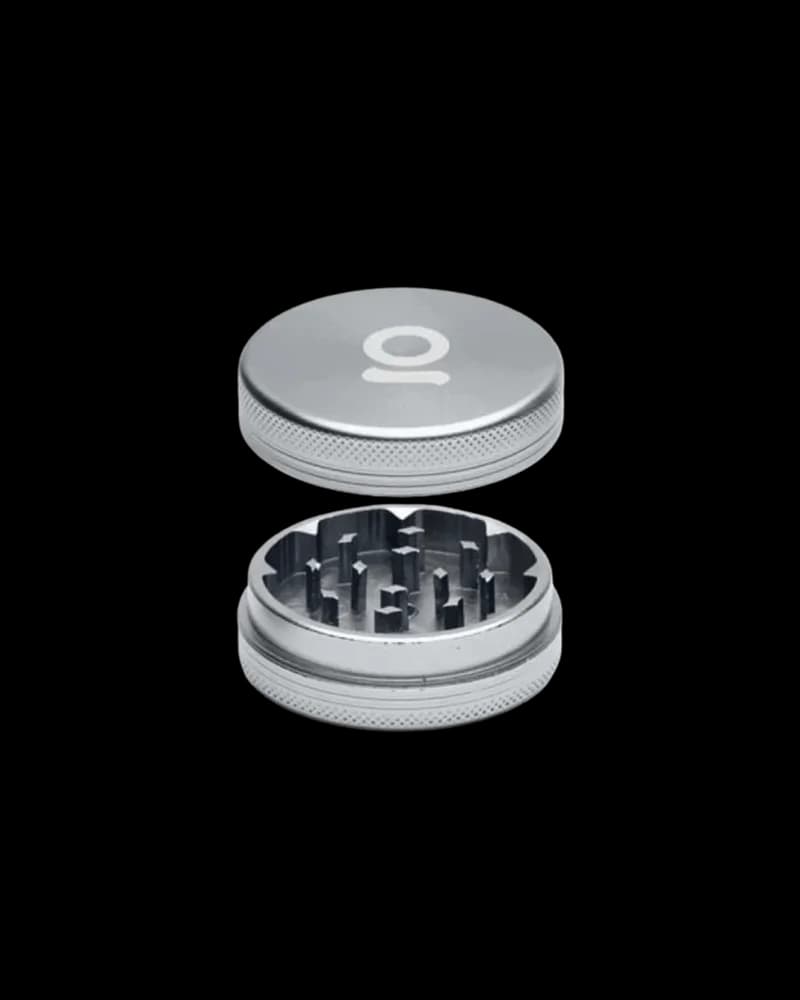 Ongrok 2-piece grinder, 2 inches, gun metal finish, shown assembled and disassembled to display teeth grinding chamber