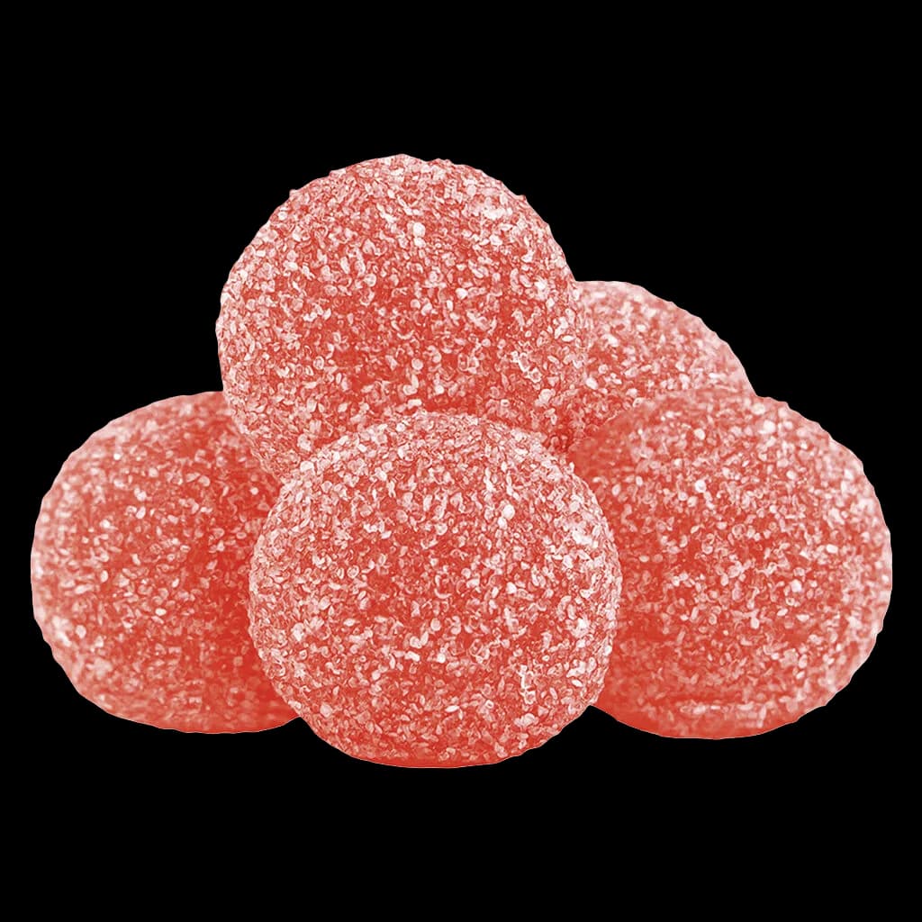 Gommes tendres Pearls by grön Fraise Melon 4:1 CBN:THC, quatre bonbons gélifiés roses enrobés de sucre sur fond blanc