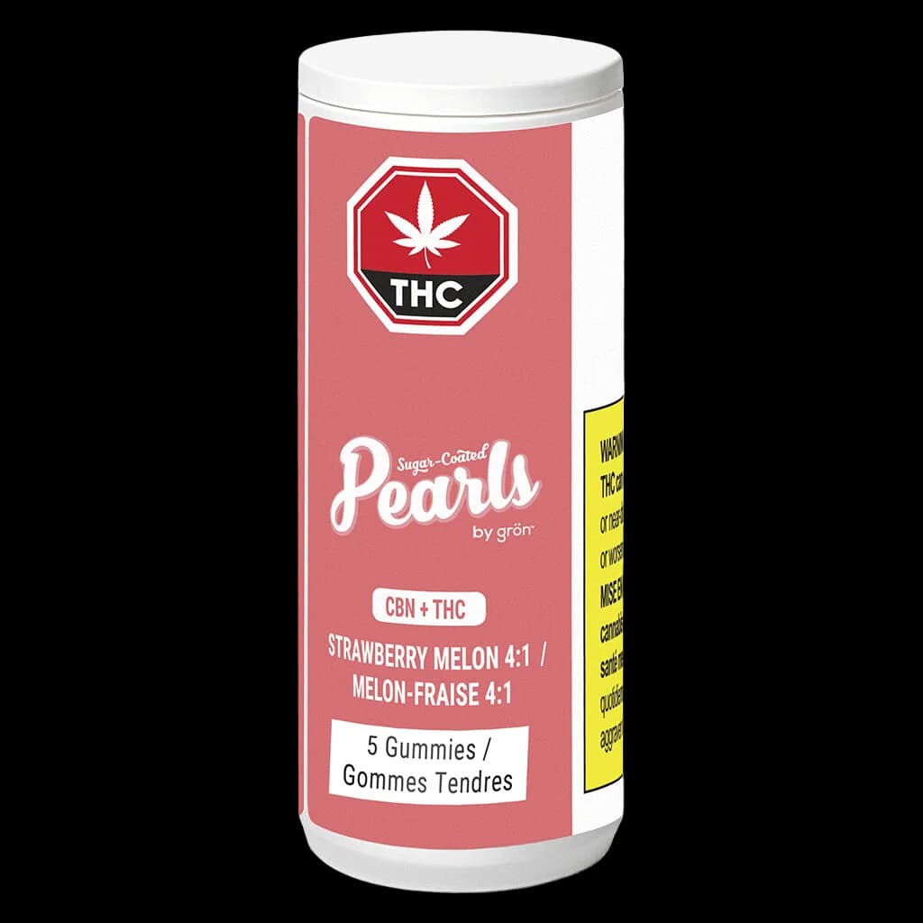 Gommes Grön enrobées de sucre CBN+THC Melon Fraise 4:1, format 5 unités avec étiquette d'avertissement jaune de Santé Canada