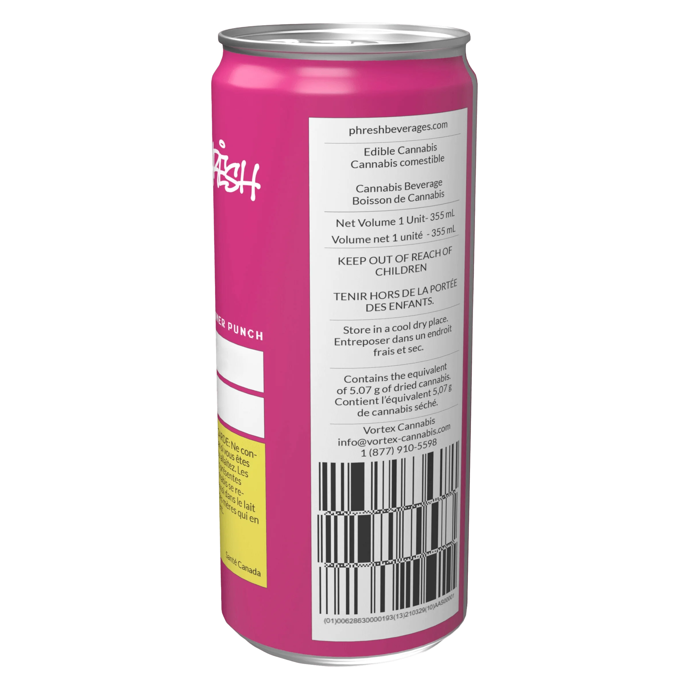 Boisson au cannabis Phresh Summer Punch, canette de 355 mL avec emballage magenta et étiquette blanche indiquant les détails du cannabis comestible
