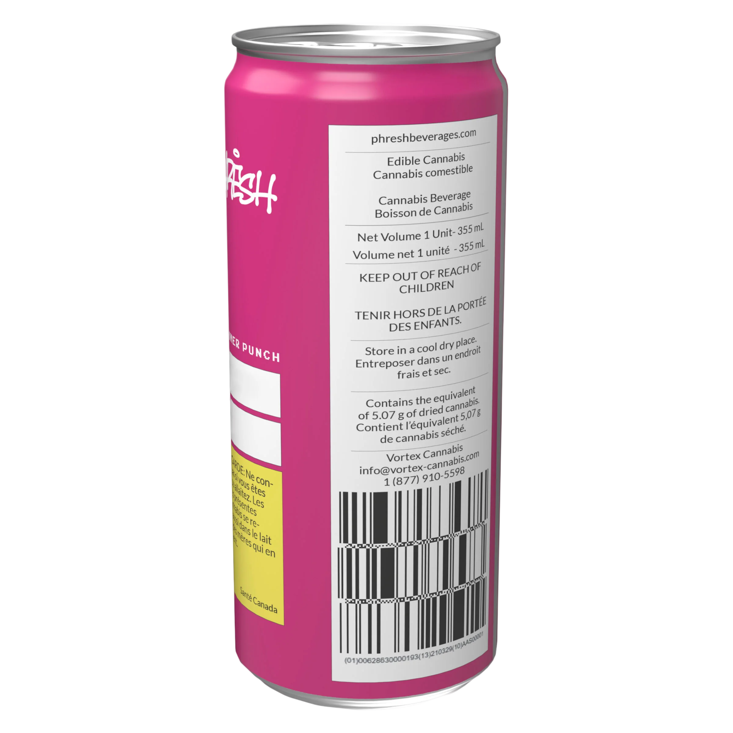 Phresh Summer Punch cannabis beverage, 355mL pink can with white and yellow label showing 5.07g dried cannabis equivalent