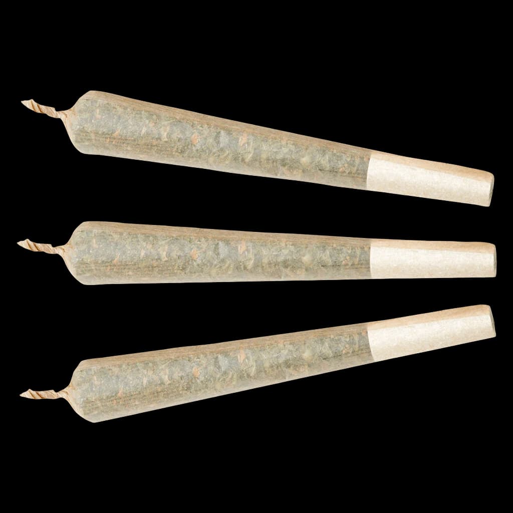Happy & Stoned Juicy Fuel pre-rolls, three-pack with natural paper wraps and twisted ends