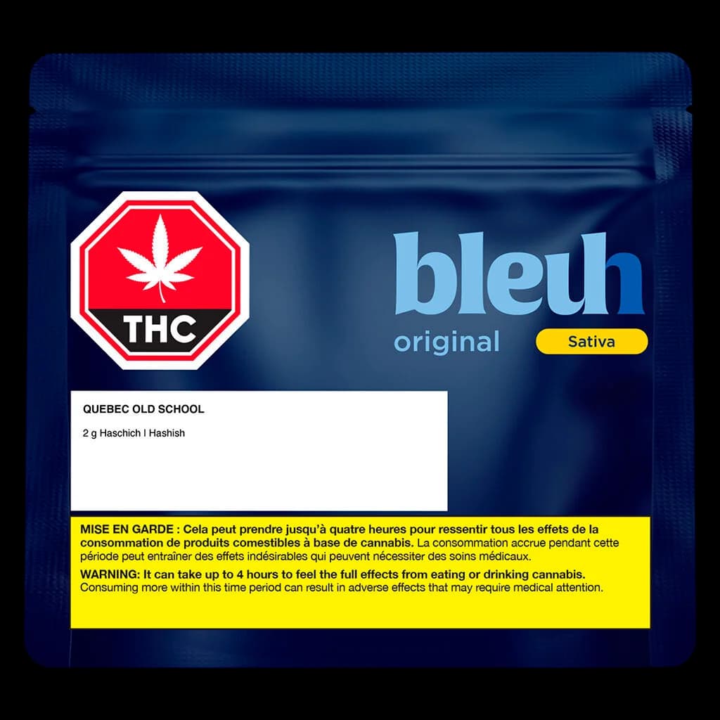 Bleuh Quebec Old School 2g cannabis hash package with THC warning symbol and sativa classification on dark blue pouch